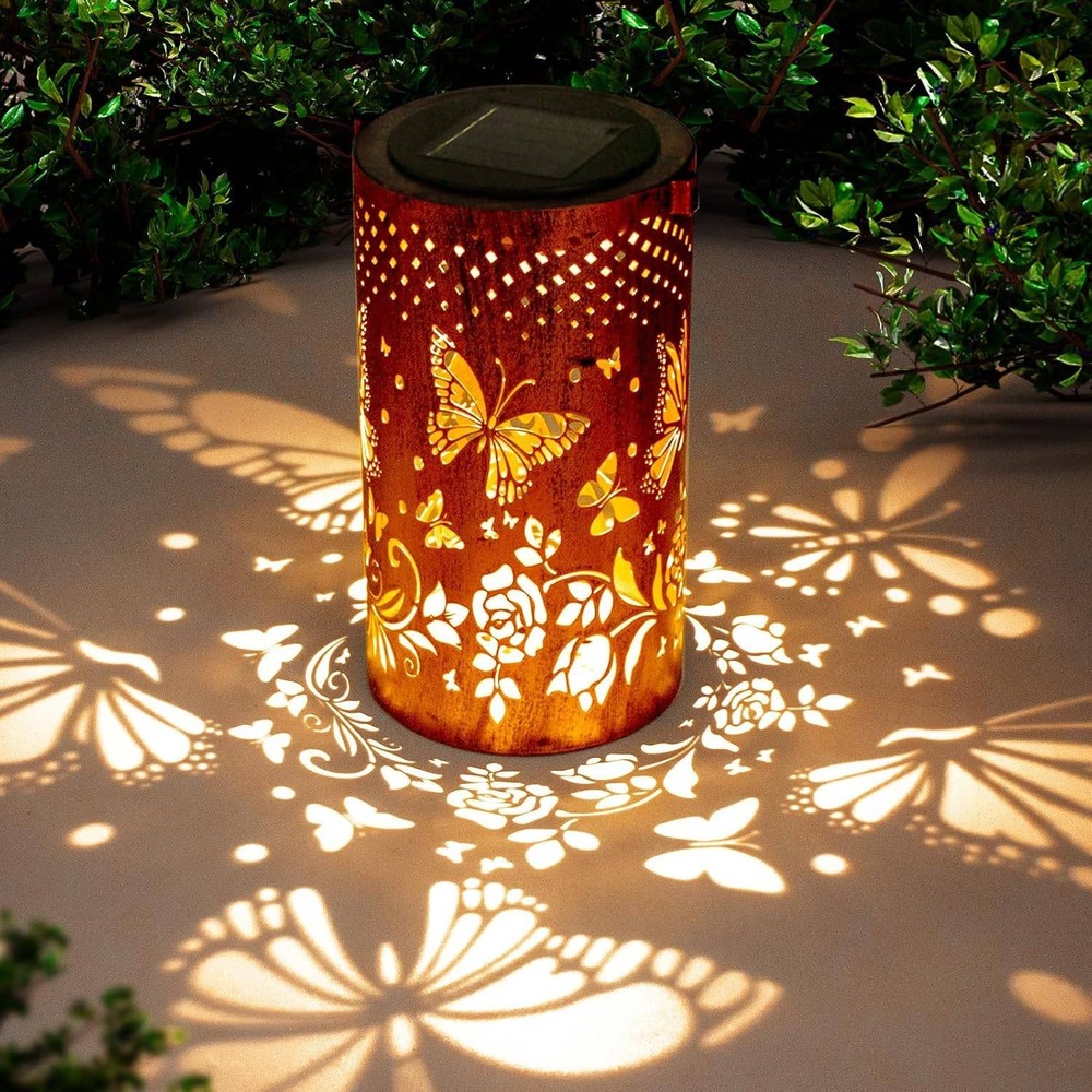 Solar Lantern Butterfly Rose Metal Outdoor Garden Light Yard Decor